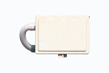 Box small plastic wiring with pipe isolated on white background. Cables on Wires are secured with plastic ties. Conducting wiring. Electrical installation works. Electrical safety.