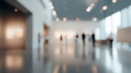 The blurred elegance of an art gallery filled with visitors exploring exhibitions.