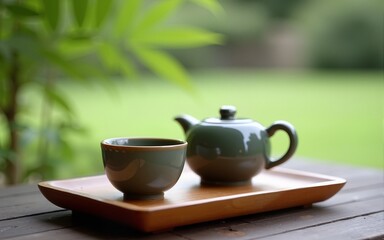 Serene outdoor tea setting with traditional ceramic teacups on a wooden tray, capturing the essence of tranquility and simplicity. High quality