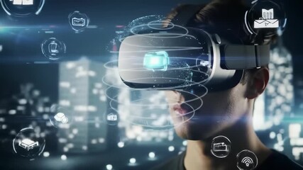 Virtual reality headset young man digital interface futuristic city technology innovation immersive experience with glowing holographic elements and advanced simulation modern interactive night - Powered by Adobe