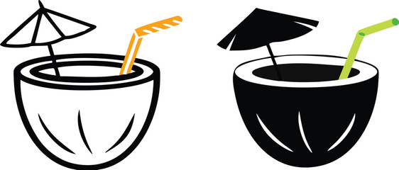 Coconut Drink Icons. Black and White Vector Icons. Coconut, Umbrella, and Straw. Festive Sweet Drink. Brazilian Carnival Concept
