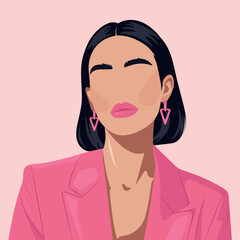 Trendy faceless female portrait in pink outfit with bold lips and geometric earrings. Minimalist vector style perfect for fashion, beauty, and modern design projects.