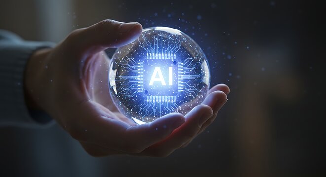 hand is holding glowing crystal and stunning ball technology AI in hands representing future technology.