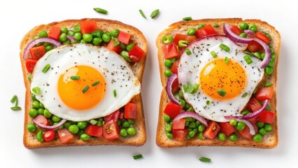 Two slices of toast topped with fried eggs peas tomatoes and red onions on a white background