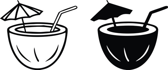 Coconut Drink Icons. Black and White Vector Icons. Coconut, Umbrella, and Straw. Festive Sweet Drink. Brazilian Carnival Concept
