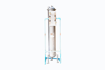 Old water filter tank and water pump system structure isolated on white background. Wastewater treatment energy technology. Site wastewater treatment system with sensors. 