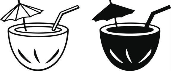 Coconut Drink Icons. Black and White Vector Icons. Coconut, Umbrella, and Straw. Festive Sweet Drink. Brazilian Carnival Concept
