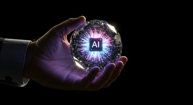 hand is holding glowing crystal and stunning ball technology AI in hands representing future technology.