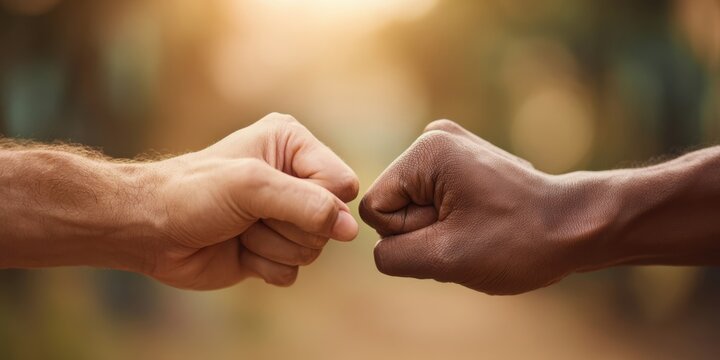 The hands performing a fist bump symbolize friendship and unity in diversity - Powered by Adobe