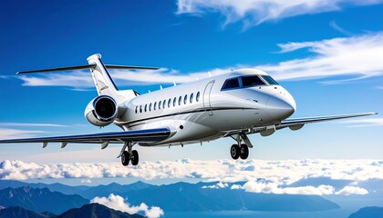 Naklejka premium White jet airplane in flight over mountains