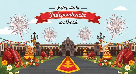 Peru Independence Day Celebration with Fireworks and Festive Decorations