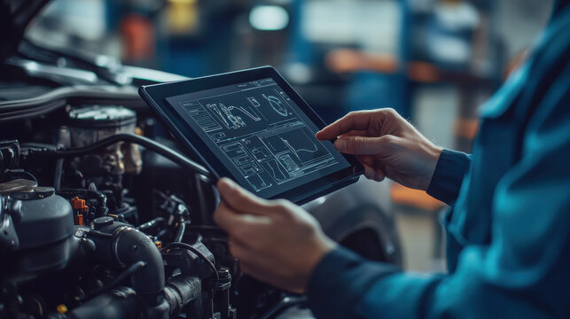 Mechanic using modern technology to inspect engine in garage - Powered by Adobe