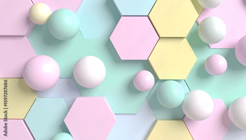 Poster pastel hexagon background with floating spheres modern abstract design.