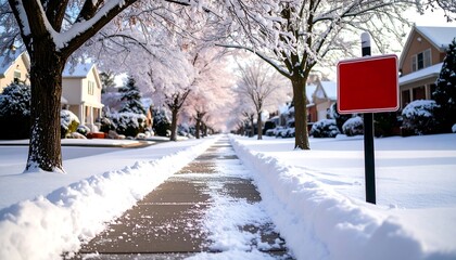 Cleared icy sidewalk with rock salt and warning sign in cold winter weather
