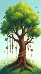 Illustrated concept of a tree with Rakhis tied to its branches, symbolizing universal bonding and eco-conscious celebration.

