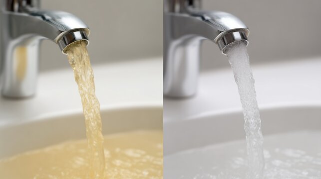 Yellowish and clean water flowing from faucet. Comparison of water supply quality. Importance of having water treatment system in your household