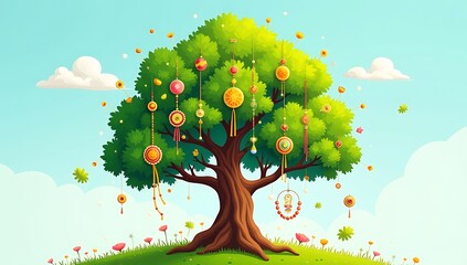 Illustrated concept of a tree with Rakhis tied to its branches, symbolizing universal bonding and eco-conscious celebration.

