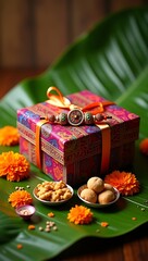 Gift box wrapped in ethnic fabric with a rakhi placed on top, surrounded by marigold flowers and festive sweets on a banana leaf.

