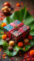 Gift box wrapped in ethnic fabric with a rakhi placed on top, surrounded by marigold flowers and festive sweets on a banana leaf.

