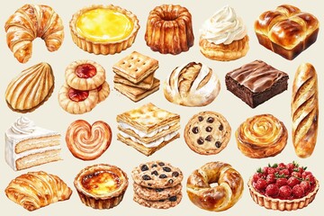 Watercolor bakery and pastry food design element set