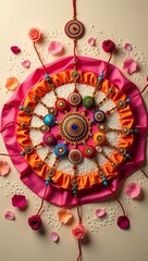 Flat lay of assorted Rakhis arranged in a circular mandala pattern on colorful silk fabric with kumkum, rice, and rose petals around.

