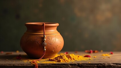 Minimal scene of a single Rakhi hanging from a clay pot with turmeric and sandalwood smeared on it, placed on a rustic shelf.

