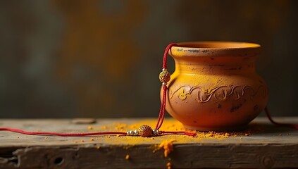 Minimal scene of a single Rakhi hanging from a clay pot with turmeric and sandalwood smeared on it, placed on a rustic shelf.

