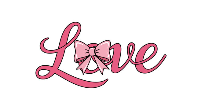 Flat design vector of the word &ldquo;Love&rdquo; in a connected script font with sweeping flourishes. Medium pink letters outlined in black, featuring a light pink bow with highlights inside the &lsquo;o&rsquo; for decorati