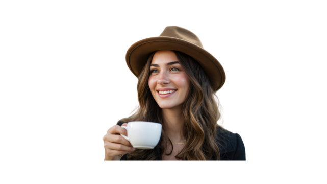 Happy Young Woman in Fedora Hat Enjoying Coffee Outdoors
