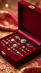 Close-up of designer Rakhis displayed in a jewelry-style velvet box with satin lining and a background of gold embroidery cloth.

