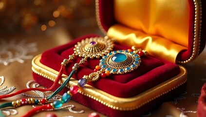 Close-up of designer Rakhis displayed in a jewelry-style velvet box with satin lining and a background of gold embroidery cloth.

