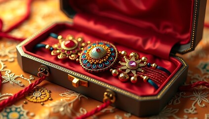 Close-up of designer Rakhis displayed in a jewelry-style velvet box with satin lining and a background of gold embroidery cloth.

