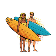 Young couple holding surfboards while posing on colorful backdrop  
