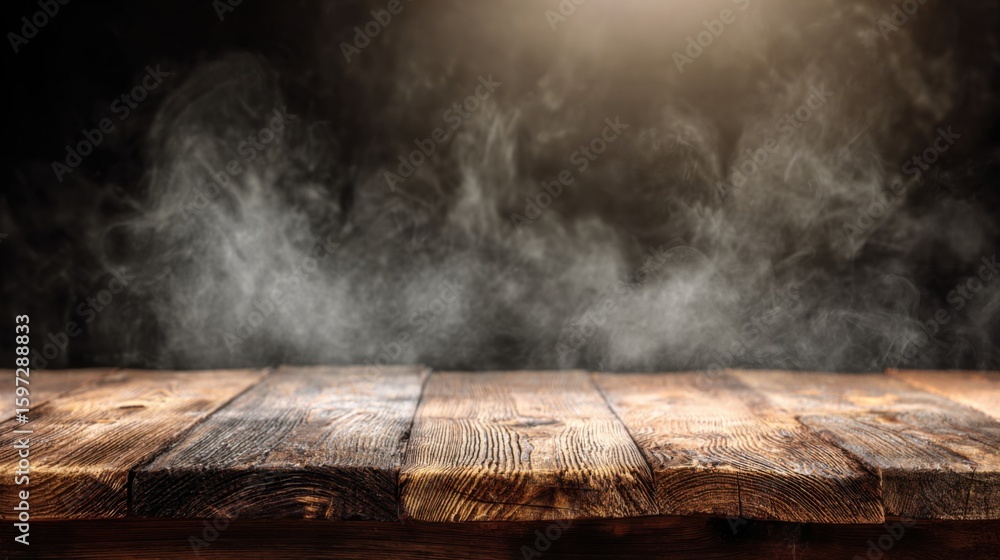 Poster a rustic wooden table displays the interplay of light and shadow. wisps of smoke rise softly above t