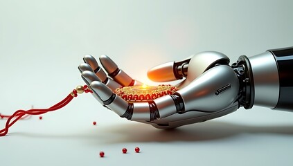 A futuristic robot hand gently holding a traditional Rakhi, blending emotion and technology in a cross-time sibling tribute.

