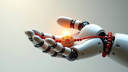 A futuristic robot hand gently holding a traditional Rakhi, blending emotion and technology in a cross-time sibling tribute.

