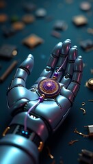A futuristic robot hand gently holding a traditional Rakhi, blending emotion and technology in a cross-time sibling tribute.

