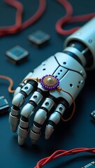 A futuristic robot hand gently holding a traditional Rakhi, blending emotion and technology in a cross-time sibling tribute.

