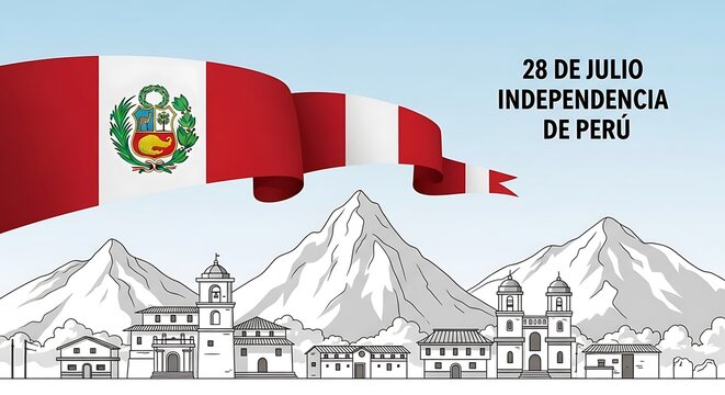 Peruvian Independence Day: Flag, Mountains, and Historic Town Illustration. - Powered by Adobe