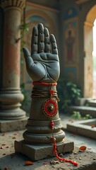 A Rakhi tied around a cracked stone idol’s wrist in an abandoned temple, symbolizing forgotten bonds and ancient traditions.

