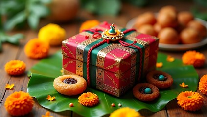 Gift box wrapped in ethnic fabric with a rakhi placed on top, surrounded by marigold flowers and festive sweets on a banana leaf.

