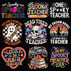 Obraz premium Collection of Spooky Halloween Teacher T-shirt Vector, Bookish Saying Tshirt, Halloween Ghost Reader Illustration, Scary Teaching School Clipart