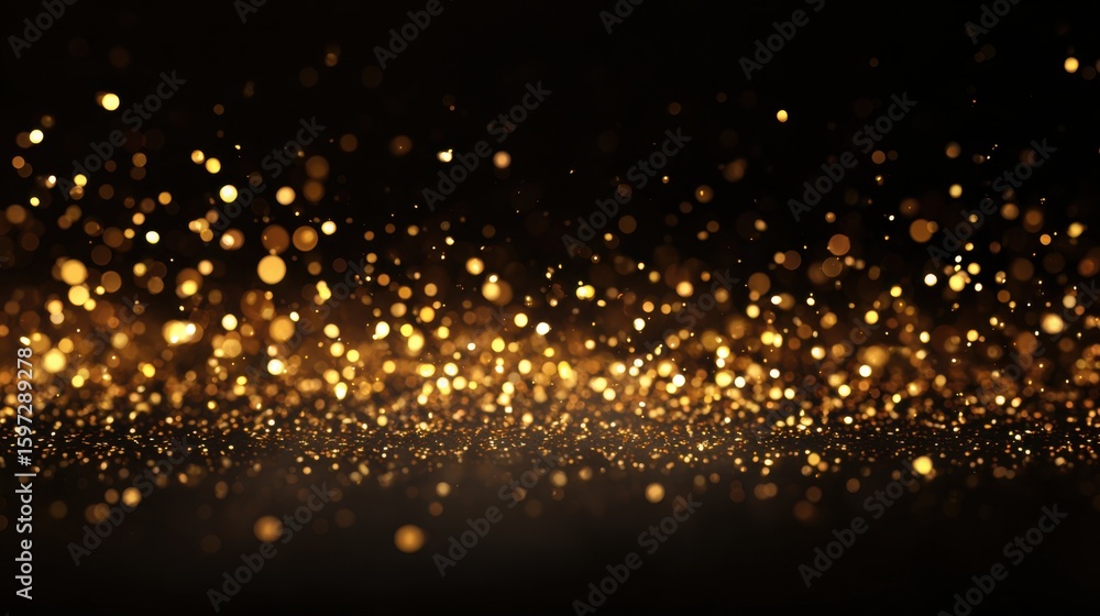 Poster golden glitter particles twinkle and shimmer against a dark backdrop, creating an enchanting ambianc