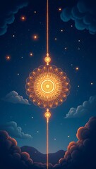 A glowing Rakhi design made from constellations in a night sky, visualizing a celestial bond between siblings beyond distance and time.

