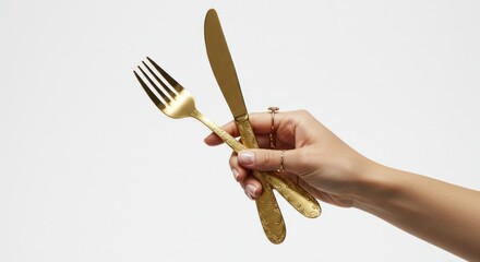 Handheld gold fork and knife