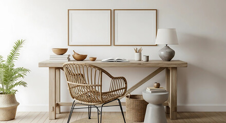 Photo of a bright home office setup includes a wooden desk, wicker chair, and two blank picture frames