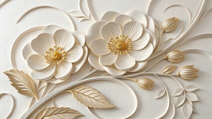Elegant white and gold floral relief sculpture with intricate detailing and soft lighting