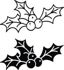 Holly Icons. Black and White Vector Icons. Berries and Leaves. Decoration for Christmas Parties