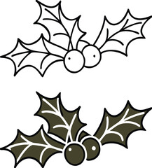 Holly Icons. Black and White Vector Icons. Berries and Leaves. Decoration for Christmas Parties