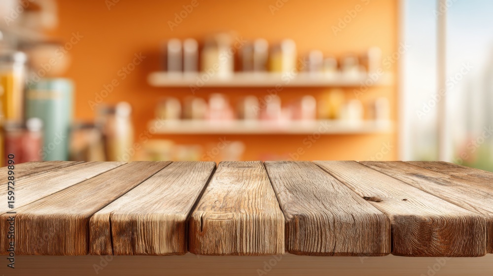 Poster a rustic wooden table is set in a bright, inviting cafe. colorful jars are neatly arranged on a shel
